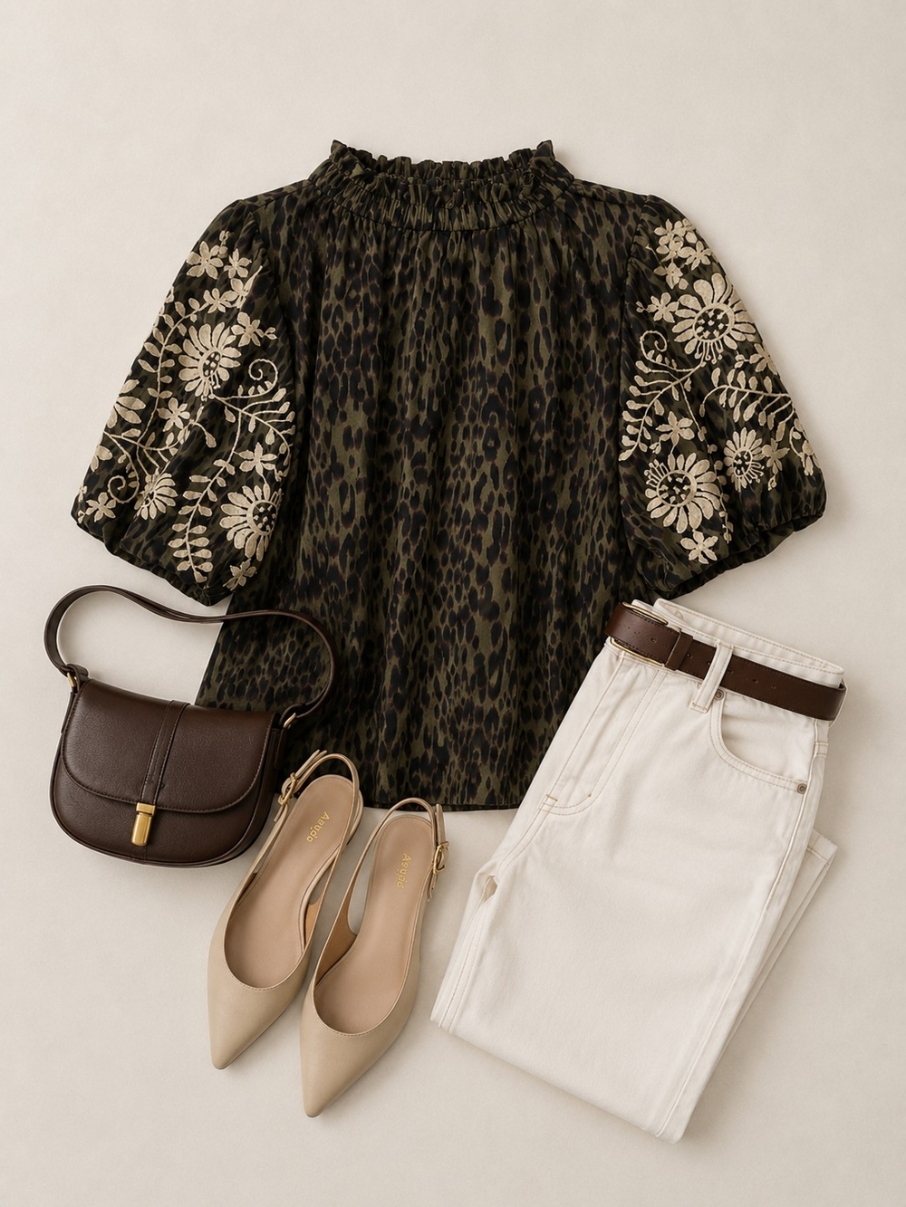 THML Olive Leopard Puff Sleeve Top with Cream Floral Embroidery